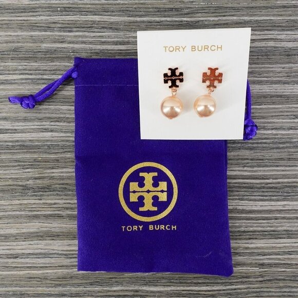 Tory Burch Faux Pearl Logo Drop Earrings Rose Gold OS - Picture 11 of 12